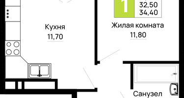 1-к. квартира, 34&nbsp;м²