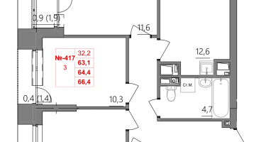 3-к. квартира, 64 м²