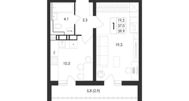 1-к. квартира, 39&nbsp;м²