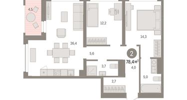 2-к. квартира, 78&nbsp;м²