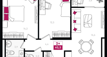 2-к. квартира, 62&nbsp;м²