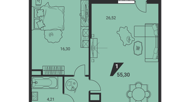 1-к. квартира, 55 м²