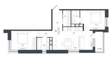 3-к. квартира, 63&nbsp;м²