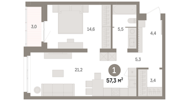 1-к. квартира, 57 м²