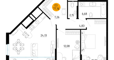 2-к. квартира, 77&nbsp;м²