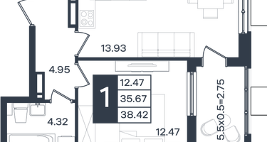 1-к. квартира, 38 м²