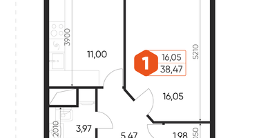 1-к. квартира, 38&nbsp;м²