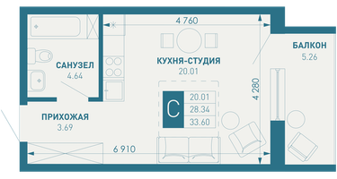 Студия, 34&nbsp;м²