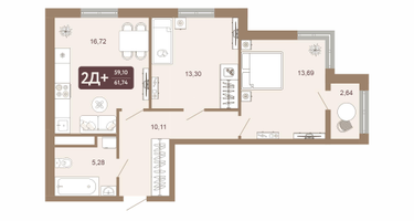 2-к. квартира, 61&nbsp;м²