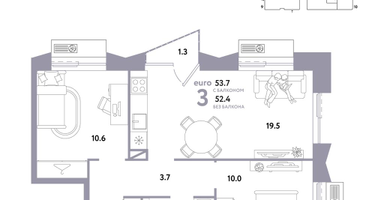 3-к. квартира, 53 м²
