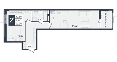 2-к. квартира, 53&nbsp;м²