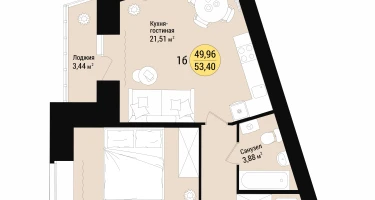 1-к. квартира, 53&nbsp;м²