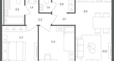 3-к. квартира, 57 м²