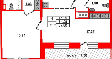 1-к. квартира, 54&nbsp;м²