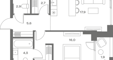 1-к. квартира, 51 м²
