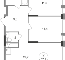 2-к. квартира, 57&nbsp;м²
