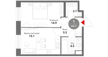 1-к. квартира, 42&nbsp;м²