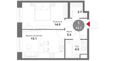 1-к. квартира, 42&nbsp;м²