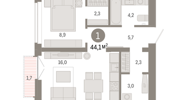 1-к. квартира, 44 м²