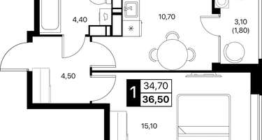 1-к. квартира, 36 м²