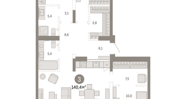 2-к. квартира, 140 м²