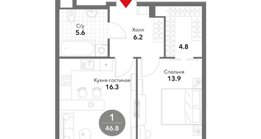 1-к. квартира, 46&nbsp;м²