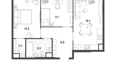 2-к. квартира, 59 м²