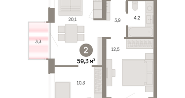 2-к. квартира, 59 м²