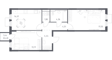 2-к. квартира, 60&nbsp;м²