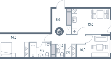 2-к. квартира, 52&nbsp;м²