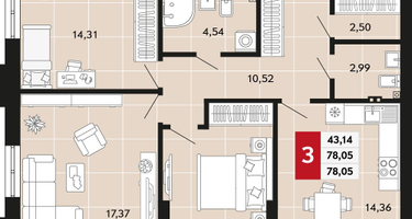 3-к. квартира, 78 м²