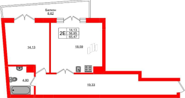 1-к. квартира, 65&nbsp;м²