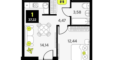 1-к. квартира, 37&nbsp;м²