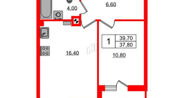 1-к. квартира, 39&nbsp;м²