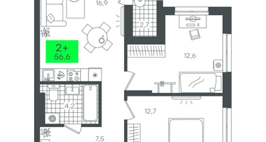 2-к. квартира, 56 м²