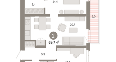 2-к. квартира, 70&nbsp;м²