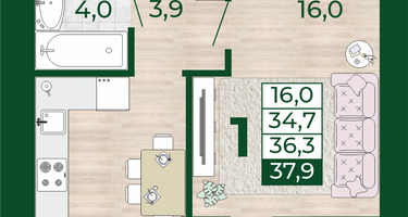 1-к. квартира, 34&nbsp;м²