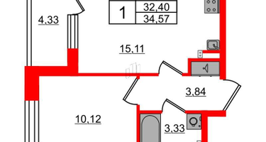 1-к. квартира, 32 м²