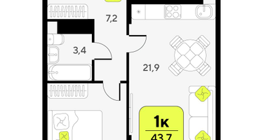 1-к. квартира, 43&nbsp;м²