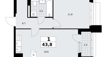 1-к. квартира, 43&nbsp;м²