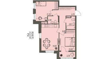 2-к. квартира, 53&nbsp;м²