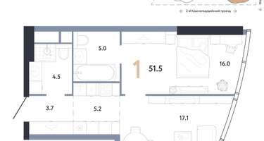 1-к. квартира, 51 м²