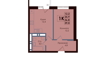 1-к. квартира, 36&nbsp;м²