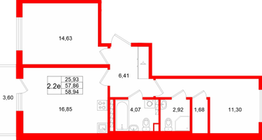 2-к. квартира, 57&nbsp;м²