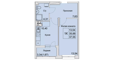 1-к. квартира, 37&nbsp;м²