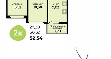 2-к. квартира, 52&nbsp;м²