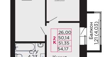 2-к. квартира, 51&nbsp;м²