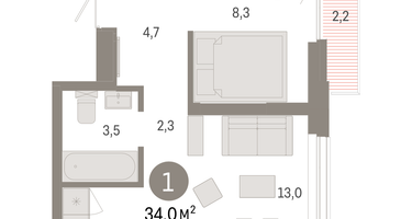 1-к. квартира, 34 м²