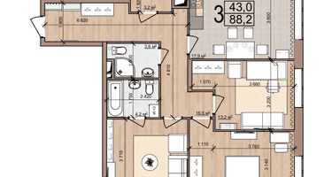 3-к. квартира, 88&nbsp;м²