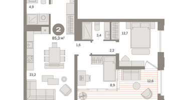 2-к. квартира, 86&nbsp;м²